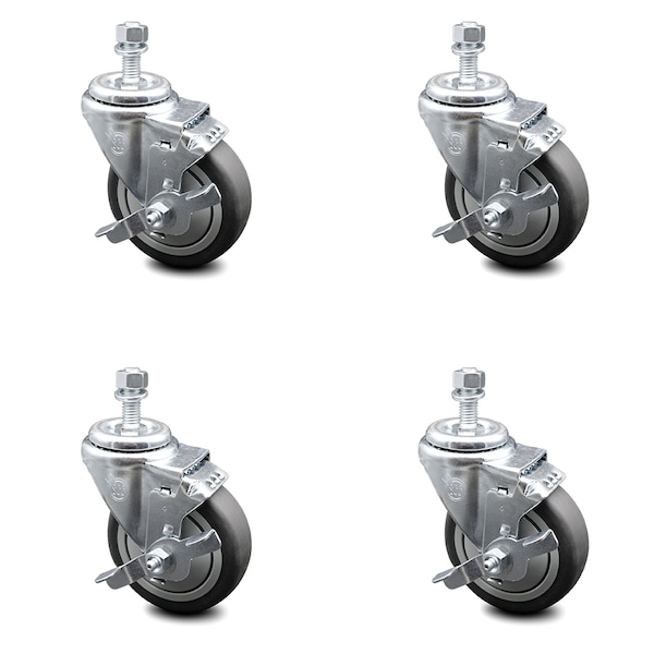 4 Inch Thermoplastic Rubber Swivel 12mm Threaded Stem Caster Set with Brake